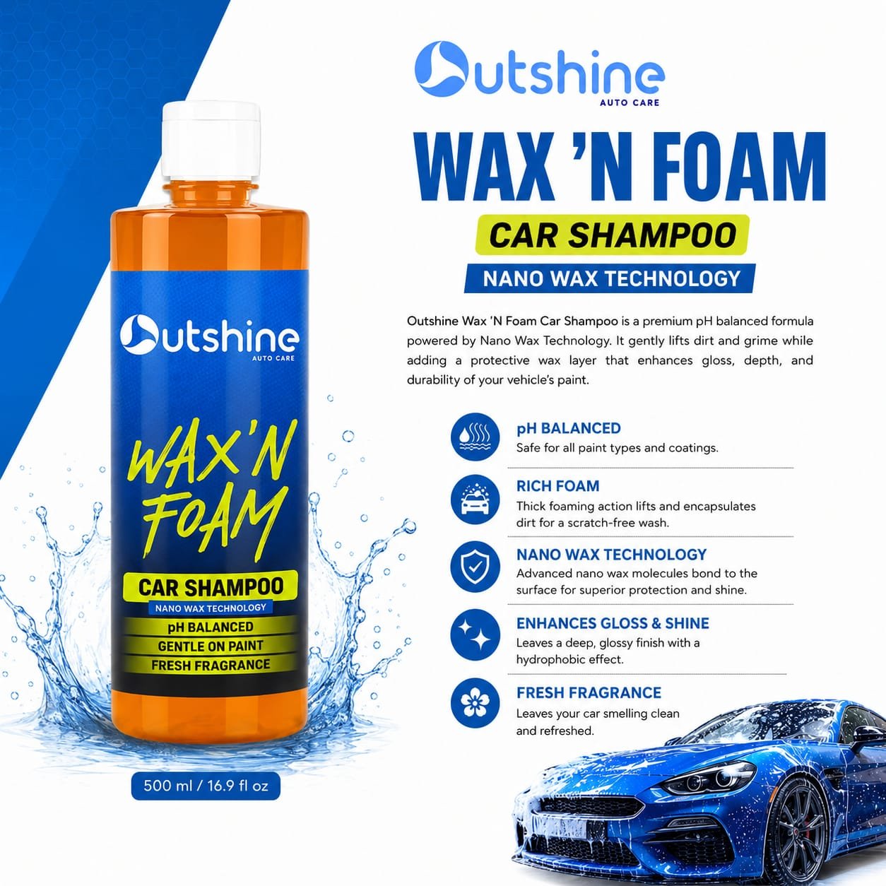 Outshine Wax ’N Foam Car Shampoo bottle with Nano Wax Technology, pH balanced formula, rich foam action, and fresh fragrance for car cleaning and shine protection.