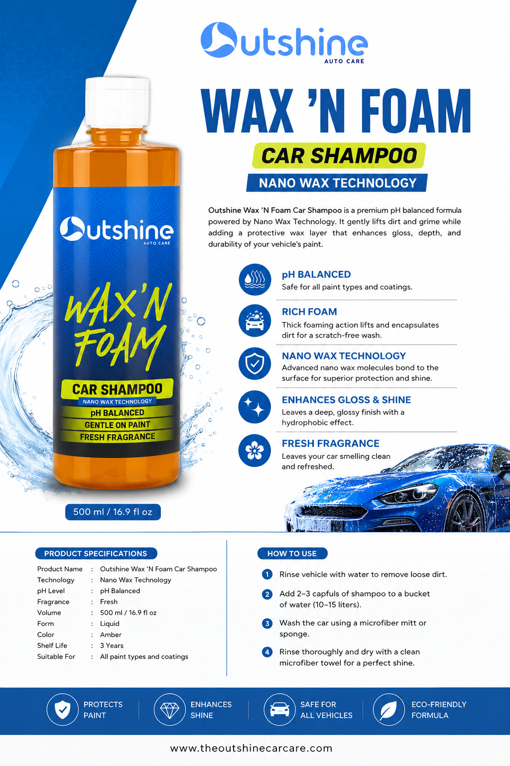 Outshine Wax ’N Foam Car Shampoo bottle with Nano Wax Technology, pH balanced formula, rich foam action, and fresh fragrance for car cleaning and shine protection.