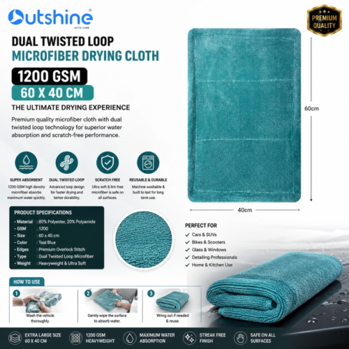 THE OUTSHINE Duel Twisted Loop Microfiber Drying Cloth – 1200 GSM | 60×40 cm | Premium Car Drying Towel
