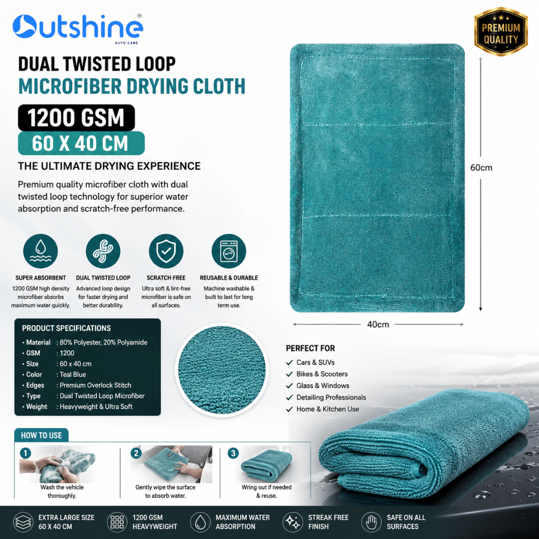 THE OUTSHINE Dual Twisted Loop Microfiber Drying Cloth 1200 GSM 60x40 cm – Premium Car Drying Towel