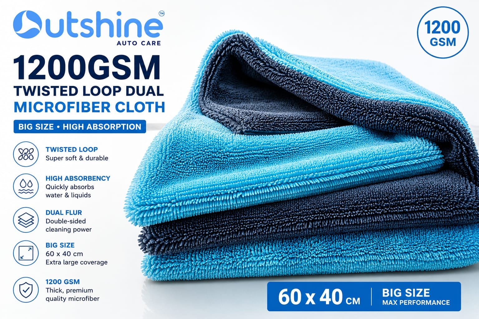 THE OUTSHINE Dual Twisted Loop Microfiber Drying Cloth 1200 GSM 60x40 cm – Premium Car Drying Towel