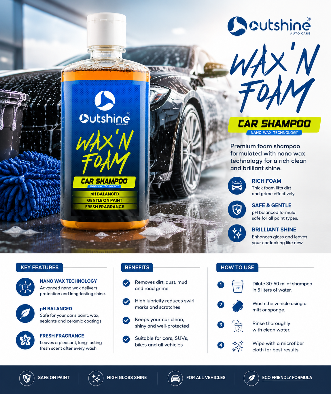 Outshine Wax & Dry Combo | Wax N Foam Car Shampoo + 1200GSM Microfiber Cloth - Image 4