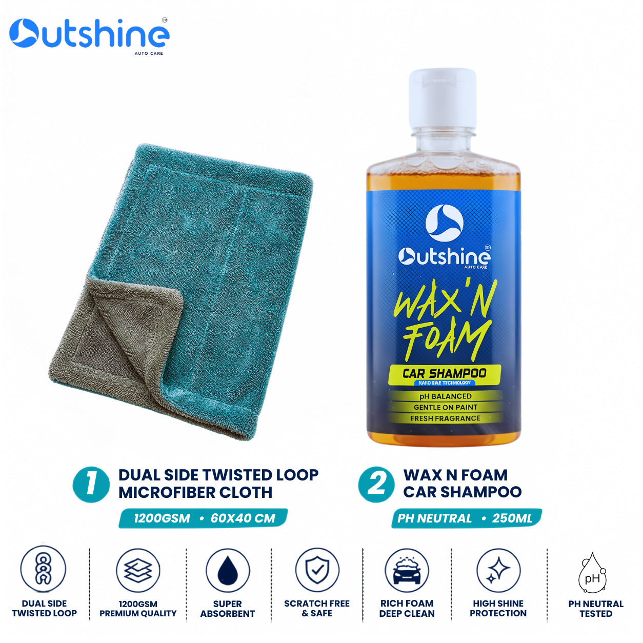 Outshine Wax & Dry Combo | Wax N Foam Car Shampoo + 1200GSM Microfiber Cloth - Image 3