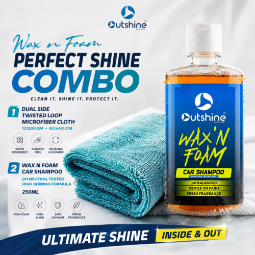 Outshine Wax & Dry Combo | Wax N Foam Car Shampoo + 1200GSM Microfiber Cloth
