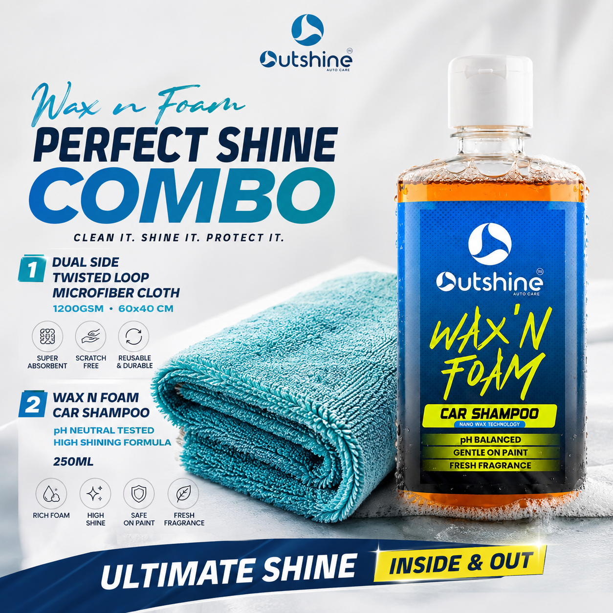 Outshine Wax & Dry Combo – 250ml Wax N Foam Car Shampoo with 1200GSM Dual Side Twisted Loop Microfiber Cloth